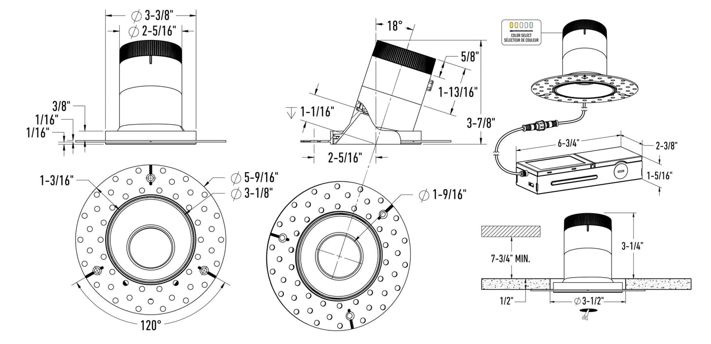 DALS Lighting - RC03-CC-35-SLBK-TL - 3in Modular Downlight, 5CCT, 35 degree Beam Angle, Slope Ceiling, Black,Trimless