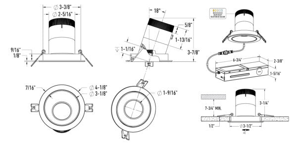 DALS Lighting - RC03-CC-35-SLWH-TWH - 3in Modular Downlight, 5CCT, 35 degree Beam Angle, Slope Ceiling, White, White Trim