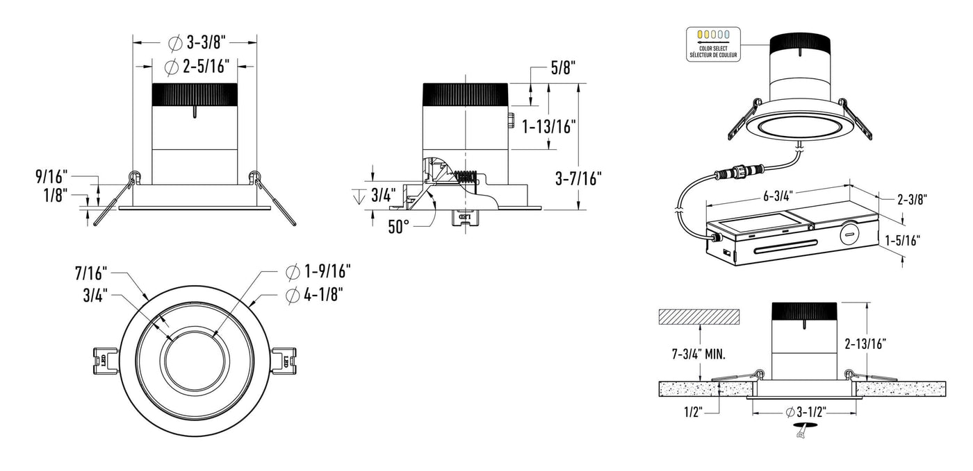 DALS Lighting - RC03-CC-60-RGGD-TWH - 3in Modular Downlight, 5CCT, 60 degree Beam Angle, Regressed, Gold, White Trim
